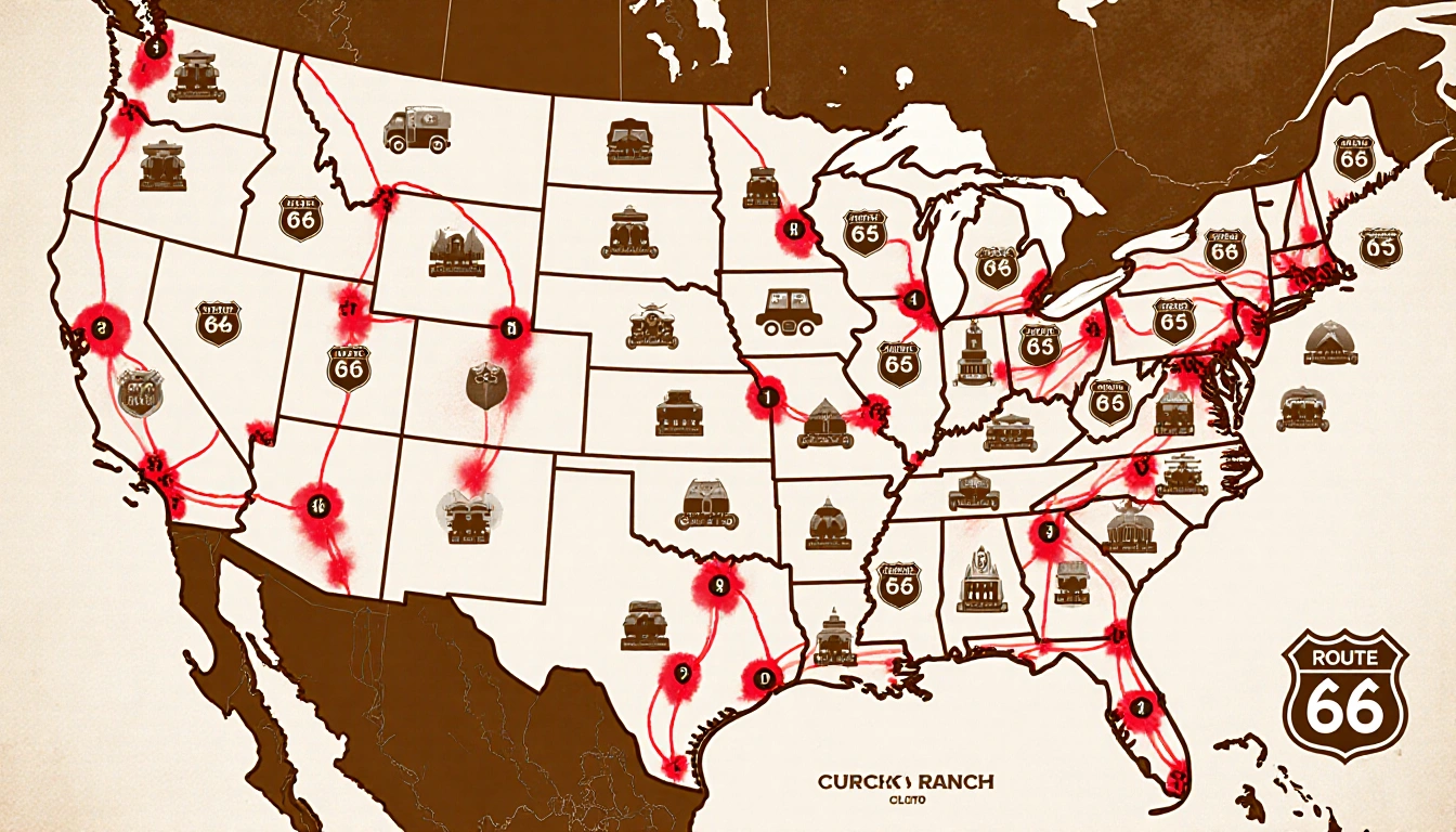 Map illustrates red routes across America with stylized highways and roadside icons evoking nostalgic adventure.