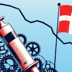 Syringe injects into interlocking gears with Denmark flag silhouette in background
