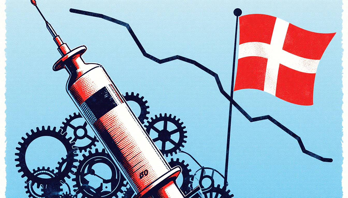 Syringe injects into interlocking gears with Denmark flag silhouette in background