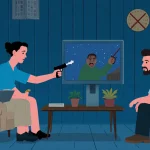 Screen displaying a text prompt warning against violent content with a computer backdrop