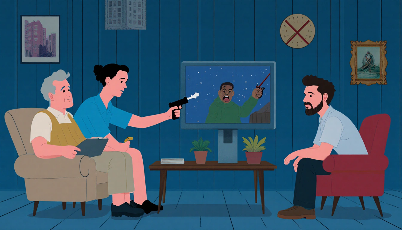 Screen displaying a text prompt warning against violent content with a computer backdrop