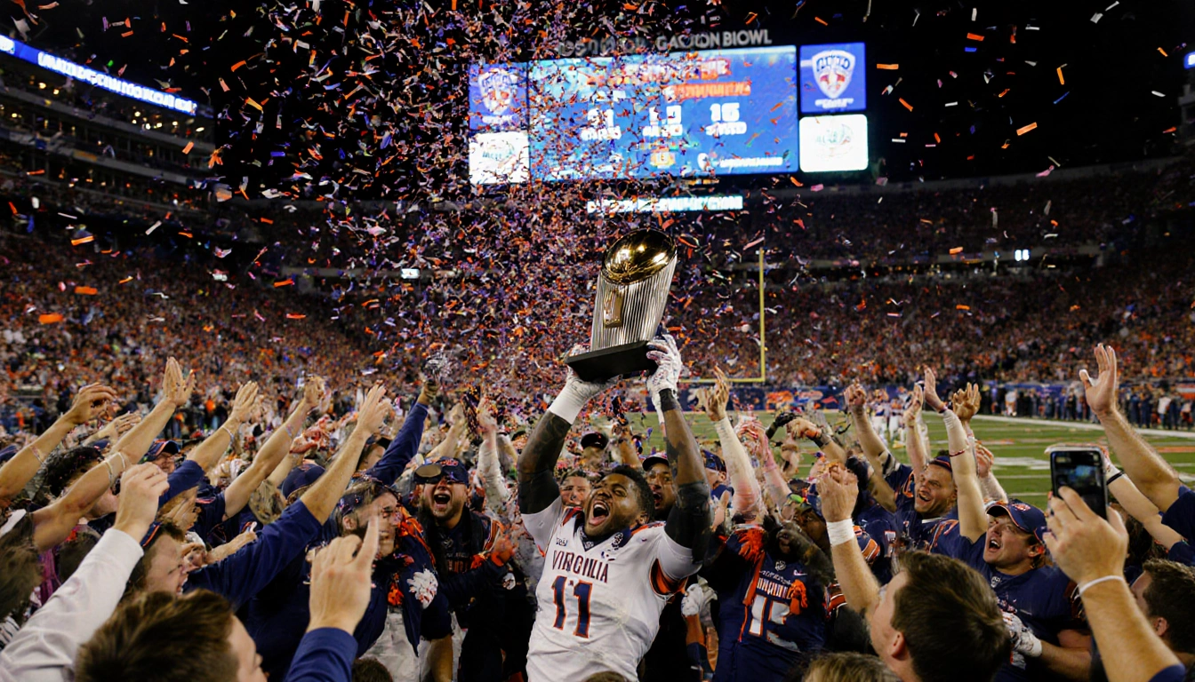 Virginia players hoisting the championship trophy with ecstatic fans waving confetti and a glowing scoreboard in background