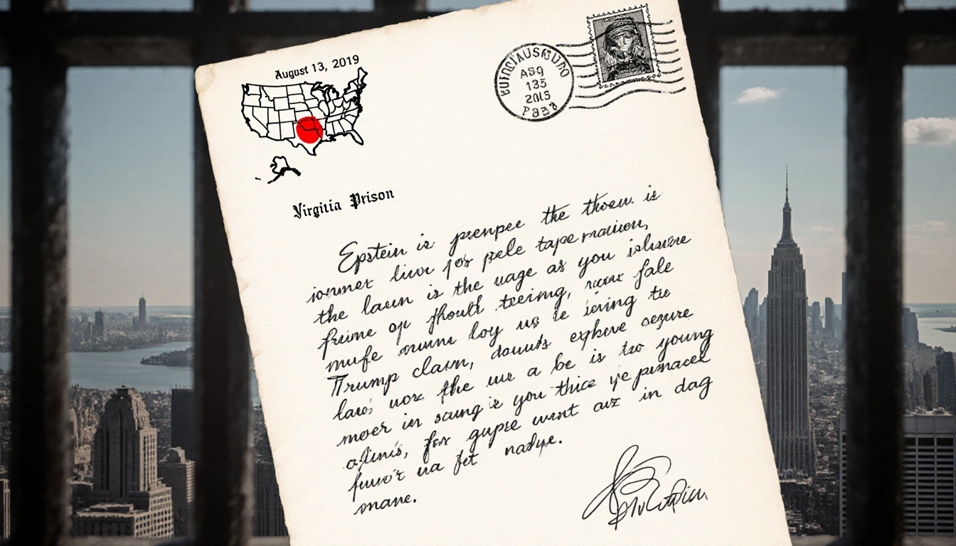 Postcard shows handwritten letter with Virginia prison postmark and faint NYC skyline in background
