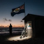 Police officer watches a rifle leaning against a wooden shack on a beach with a torn USVI flag fluttering behind at dusk.
