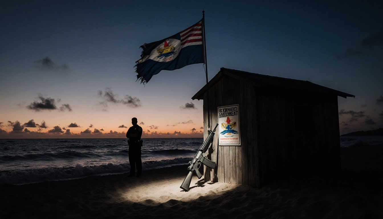 Police officer watches a rifle leaning against a wooden shack on a beach with a torn USVI flag fluttering behind at dusk.