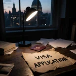 Hand‑scrawled Visa Application text borders a weathered wooden desk with scattered papers and a fluorescent light