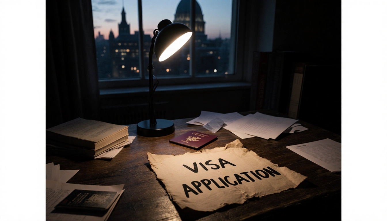 Hand‑scrawled Visa Application text borders a weathered wooden desk with scattered papers and a fluorescent light