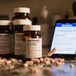 Pill rolling off a stack of vitamin bottles with a blurred smartphone screen showing FDA recall in the background