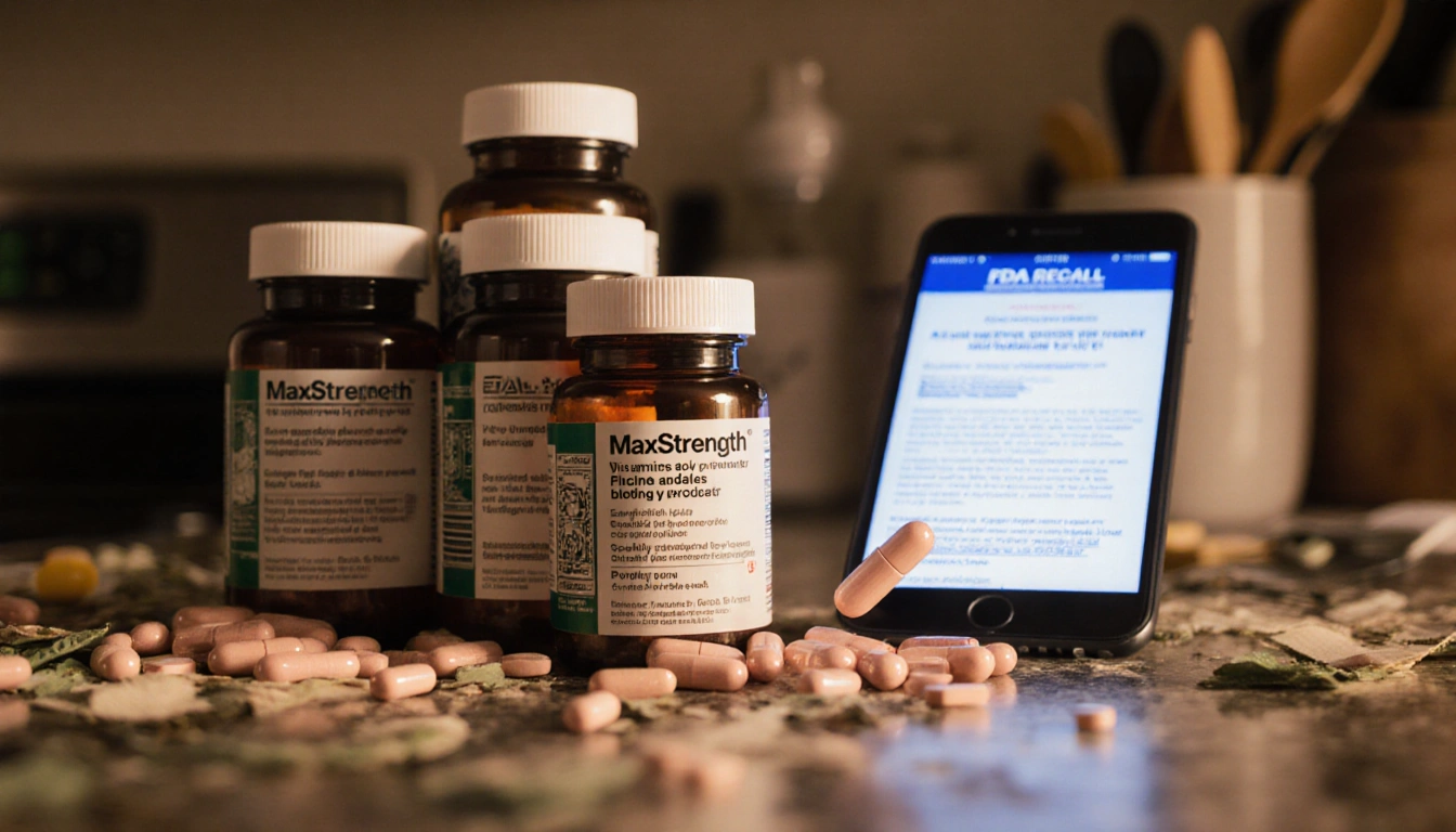 Pill rolling off a stack of vitamin bottles with a blurred smartphone screen showing FDA recall in the background