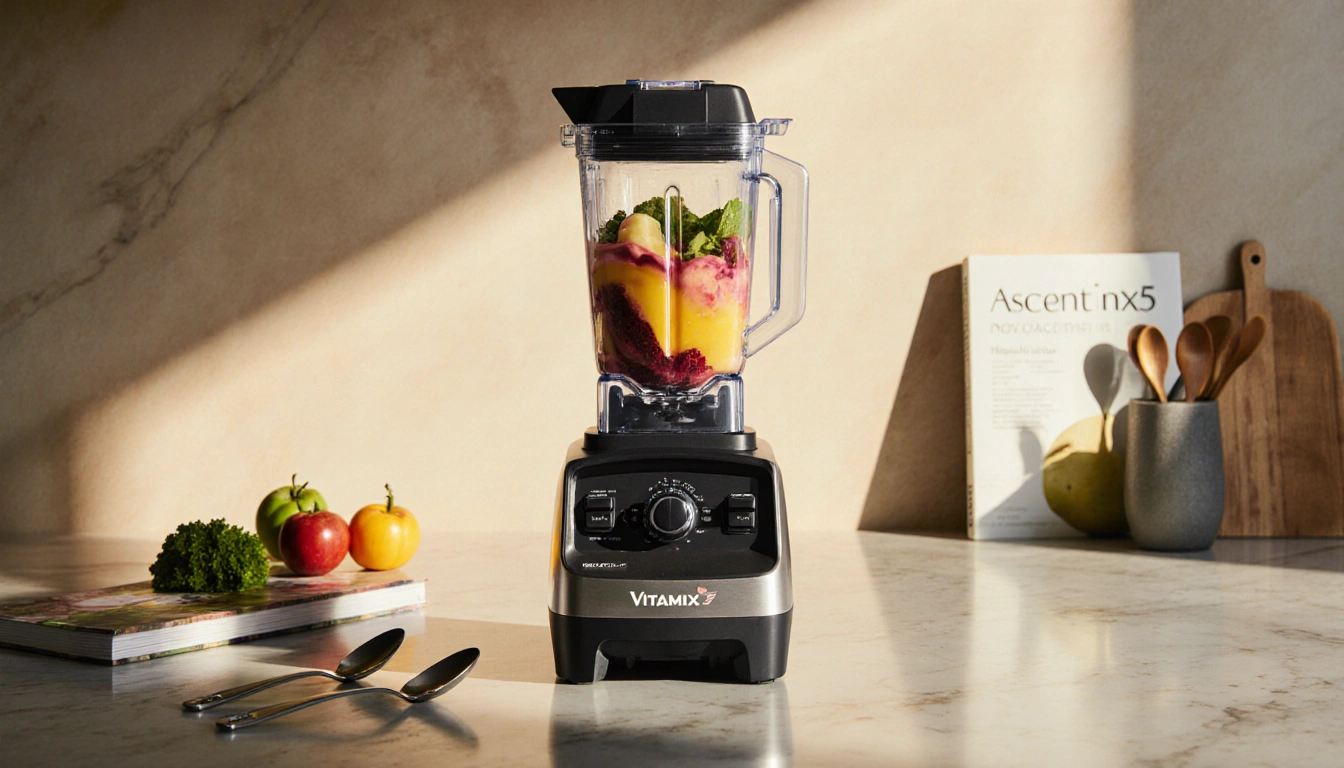 Vitamix blender blending a colorful smoothie with soft warm light on a sleek kitchen counter and scattered recipe books.