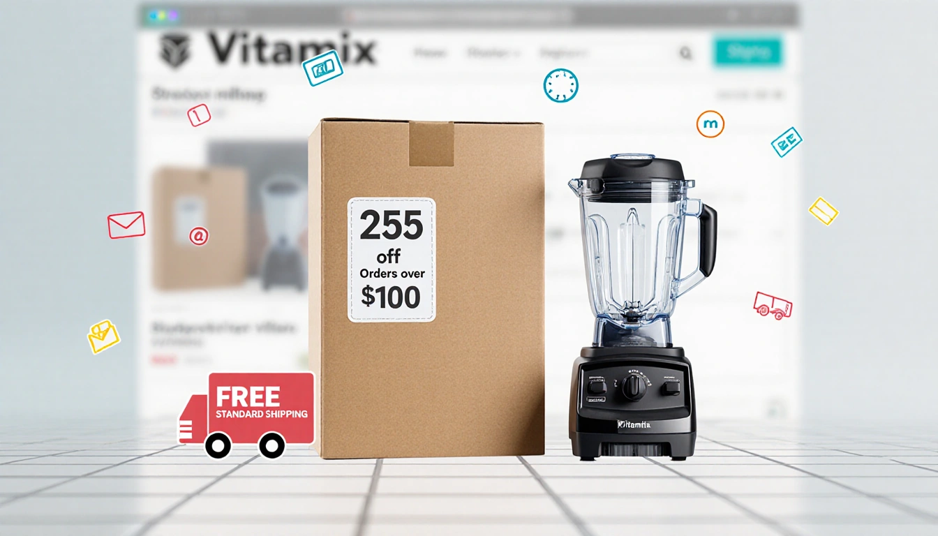 Vitamix blender box resting on shipping package with $25 discount sticker and free shipping label