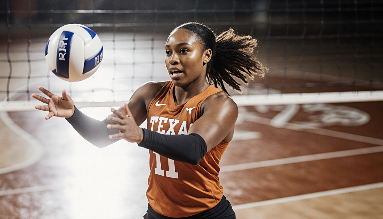 Torrey Stafford spikes volleyball with Texas Longhorns jersey and muscles highlighted on blurred court