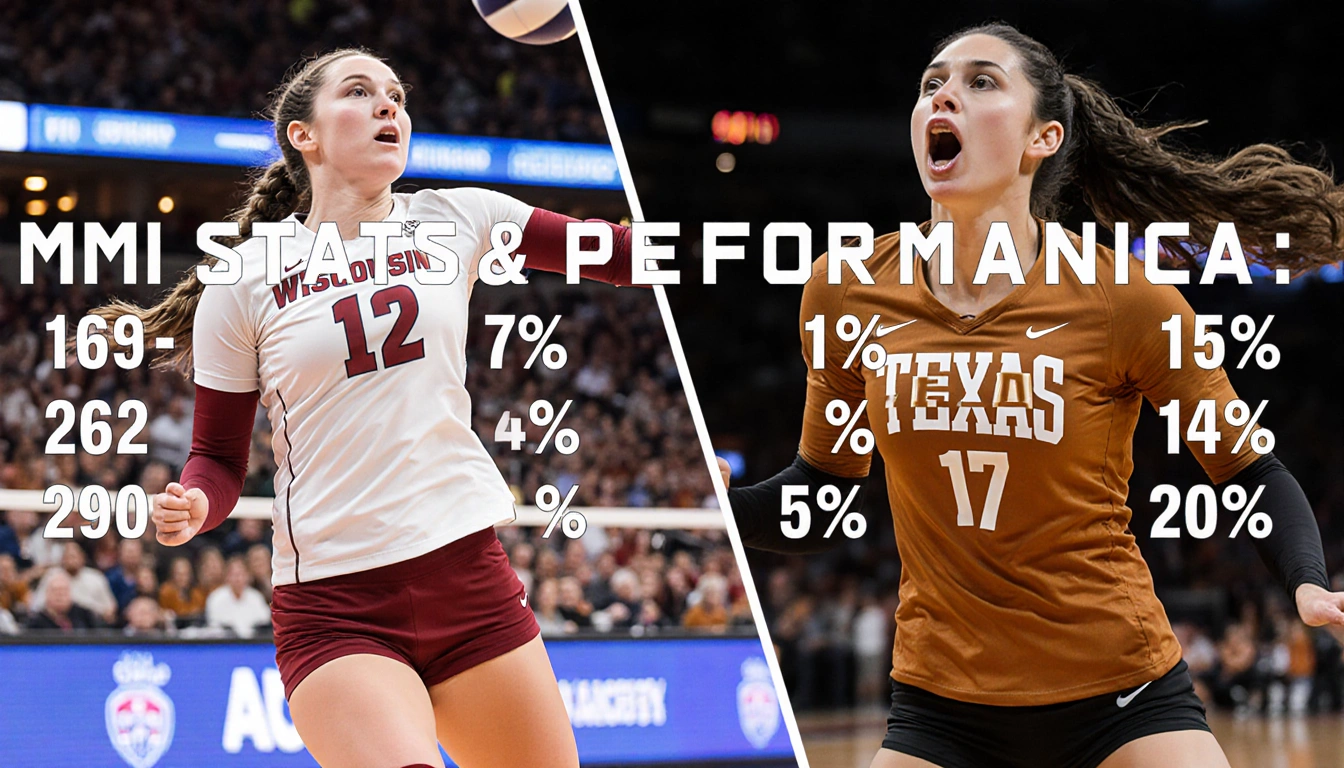 Mimi Colyer spiking volleyball with Wisconsin logo and stats and Cari Spears blocking with Texas logo and stats