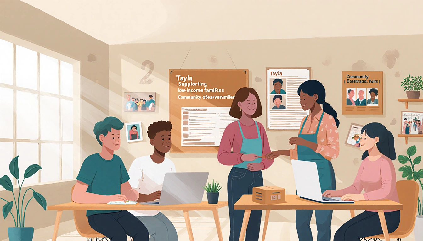 Tayla and volunteers working together with a job board showing community outreach and framed photos of memories