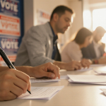 Woman marking a ballot with a pen and scattered papers on a table near an ajar voting booth door