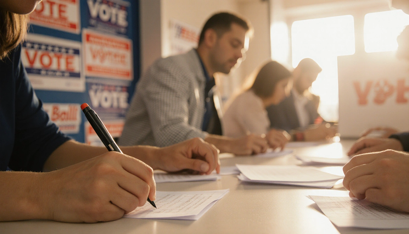 Woman marking a ballot with a pen and scattered papers on a table near an ajar voting booth door