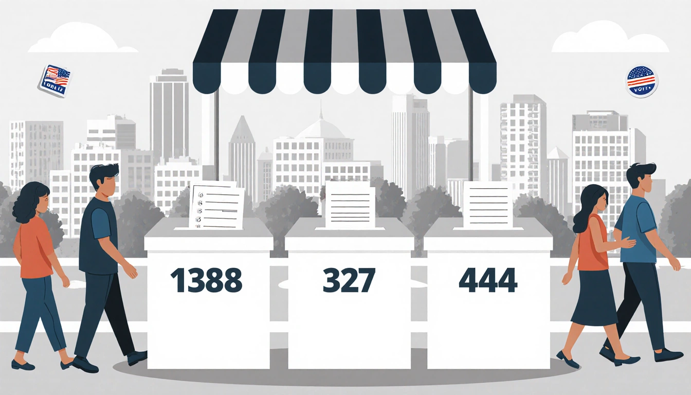Voting booth with ballot boxes showing votes 1388 317 3241 4444 walking away from Pflugerville skyline election stickers