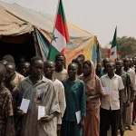 Voters queue at a faded tent in Guinea with bright colors and flags, holding voting cards and party banners.