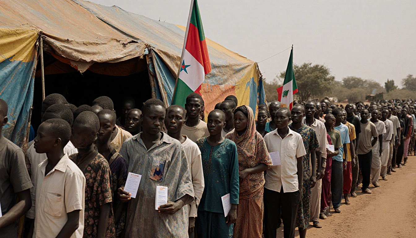 Voters queue at a faded tent in Guinea with bright colors and flags, holding voting cards and party banners.
