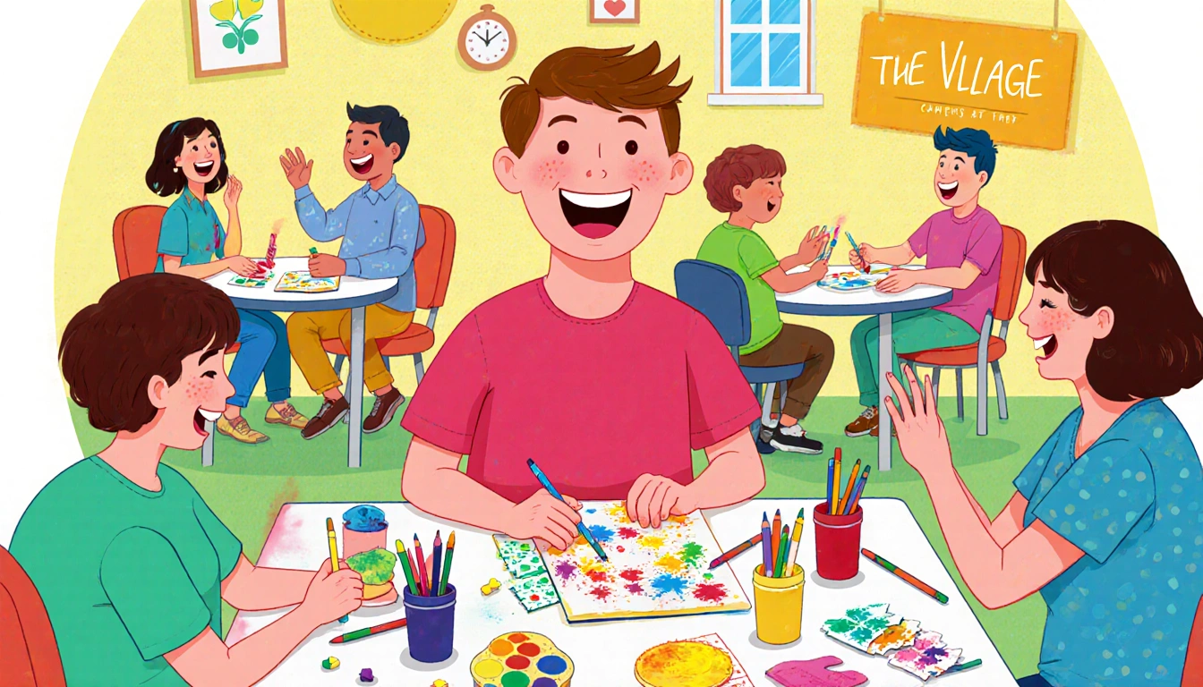 Wade laughing while playing board game with friends at a table full of colorful art supplies and bright creativity