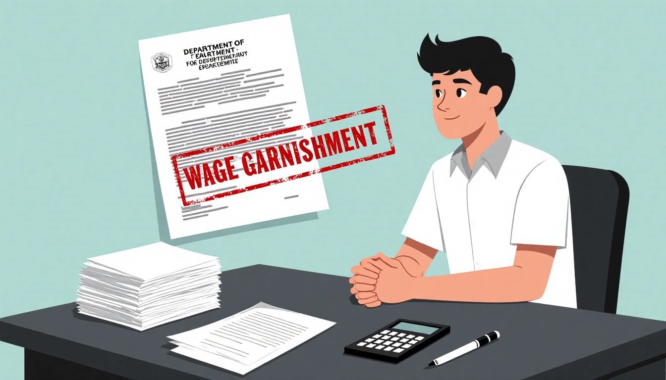 Borrower sits at desk with loan documents and a notice from the Department of Education showing a red wage garnishment stamp