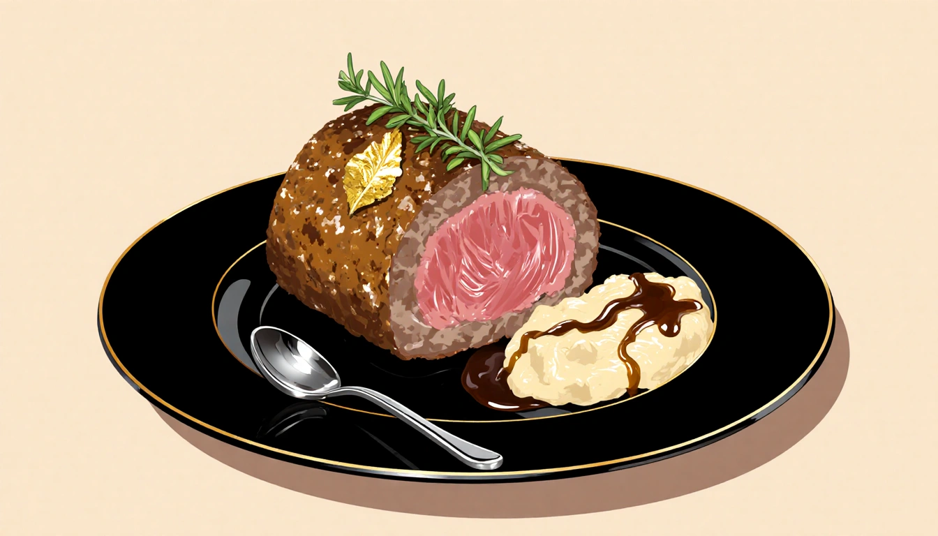 Wagyu Beef Wellington sits on a black plate with fresh thyme and gold leaf garnish and a spoon of truffle purée