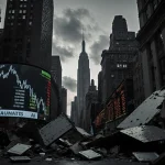 Ticker tape scrolling on a giant outdated screen with crumbling stock market boards and scattered AI chips below