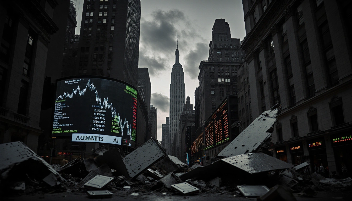 Ticker tape scrolling on a giant outdated screen with crumbling stock market boards and scattered AI chips below