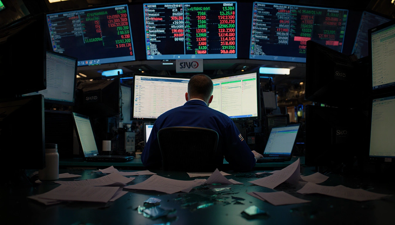 Trader sits hunched over computer with scattered papers and shattered glass on a dimly lit Wall Street trading floor