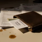 Wallet open reveals cash and a student loan note with bills stacked beside it on a cluttered kitchen counter