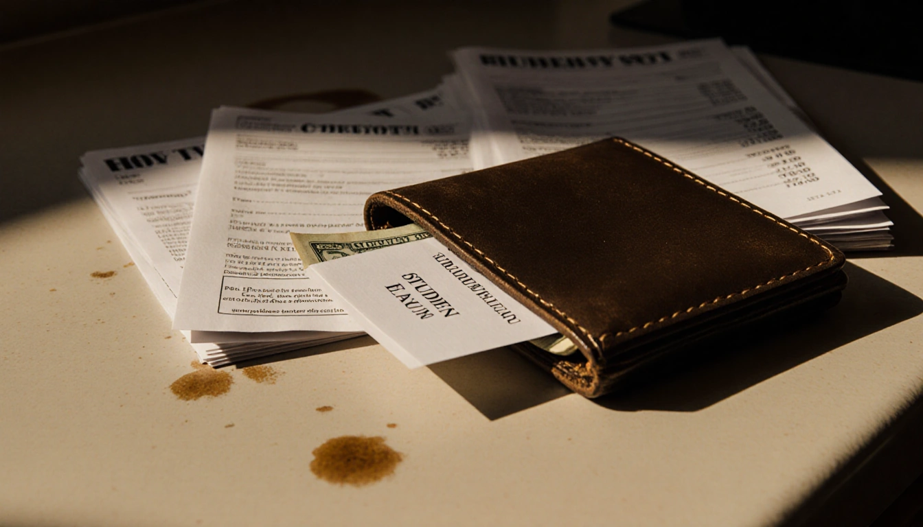 Wallet open reveals cash and a student loan note with bills stacked beside it on a cluttered kitchen counter