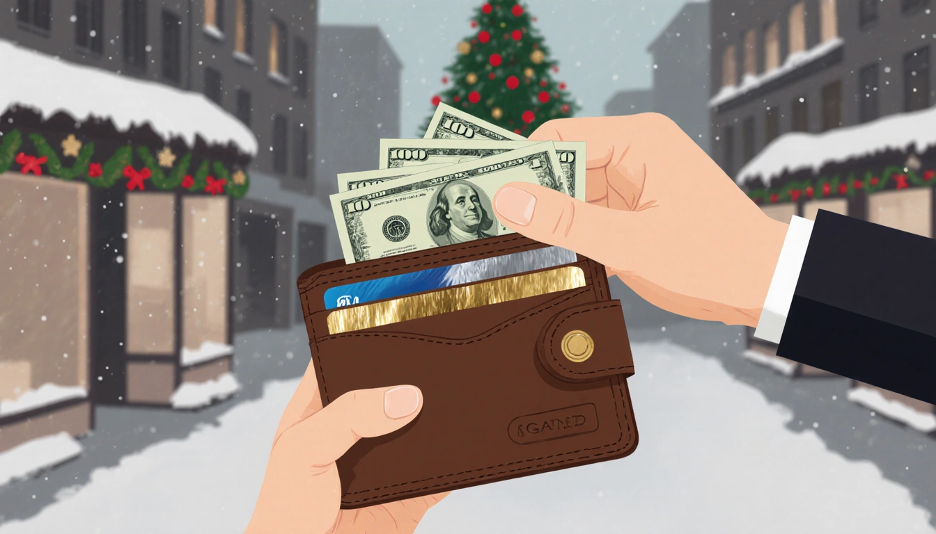 Person holding a wallet with cash and credit cards near blurred holiday scene with Christmas tree