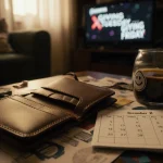 Worn leather wallet lies open with a donation jar beside a coffee cup on a cluttered table and hinting giving.
