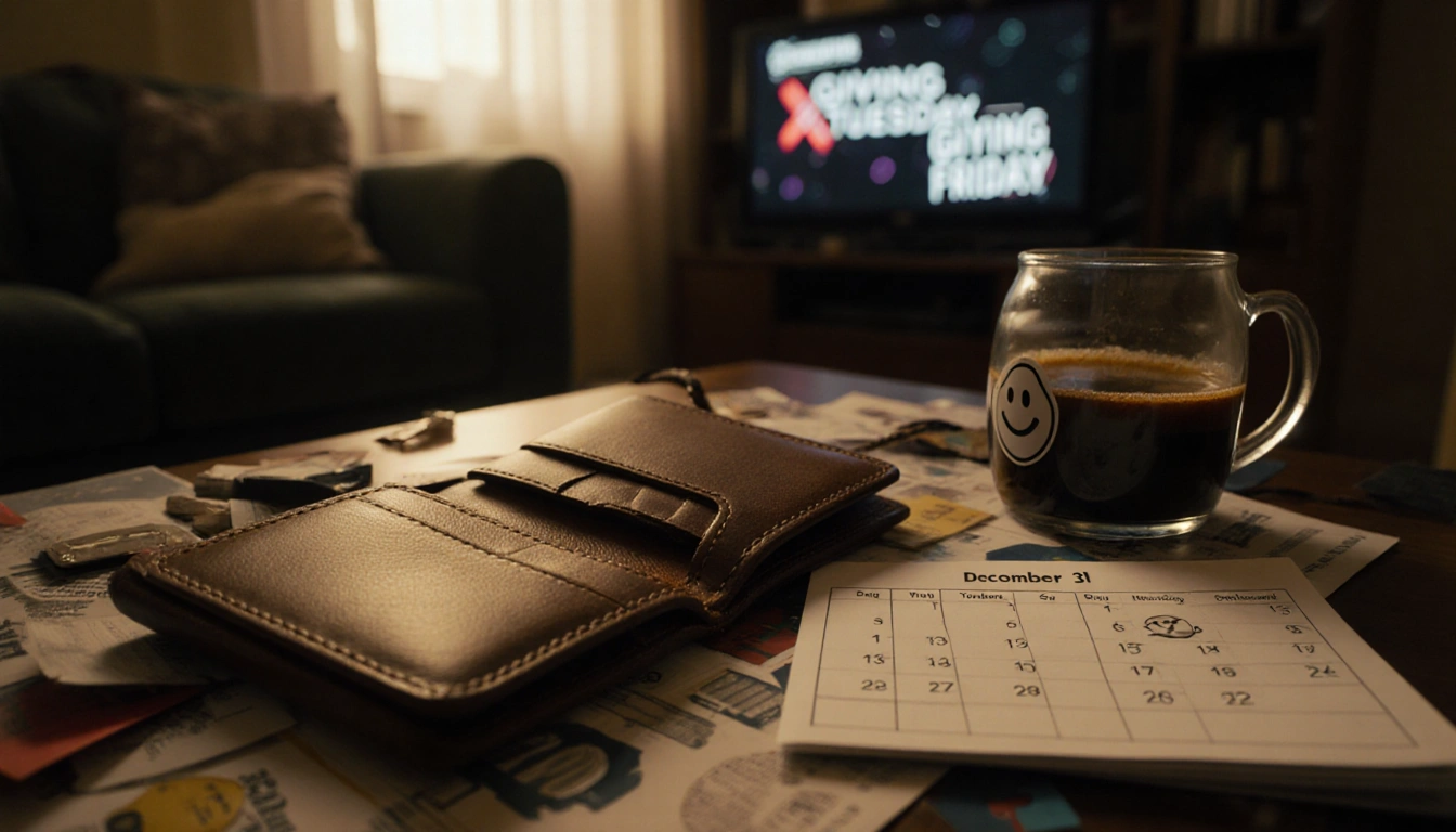 Worn leather wallet lies open with a donation jar beside a coffee cup on a cluttered table and hinting giving.