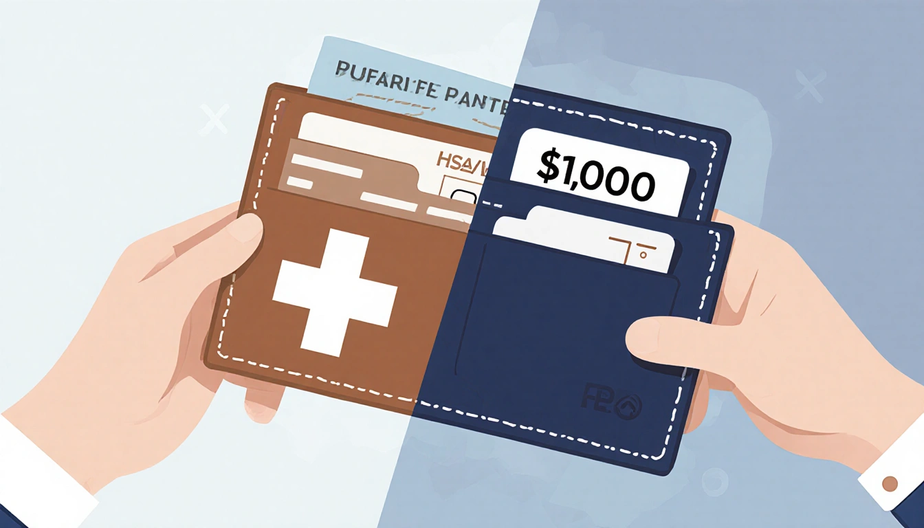 Person holding a wallet with tax credit boost symbol and $1,000 HSA balance on split background