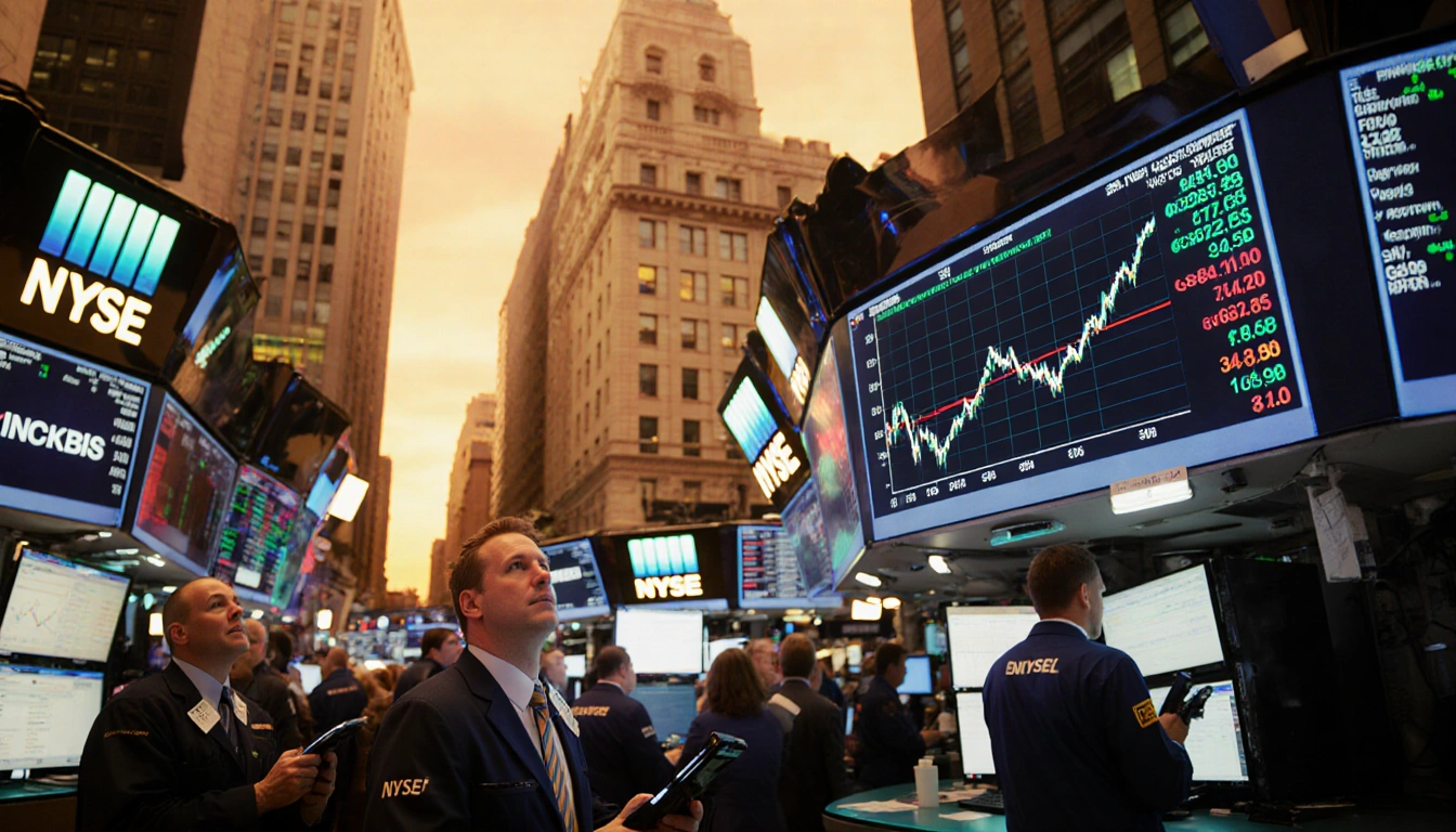 Wall Street traders watching sharp tech stock graph with glowing screens and orange dusk lighting