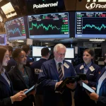 Investors gather around a glowing screen with the S&P 500 graph on a bustling Wall Street trading floor at dawn