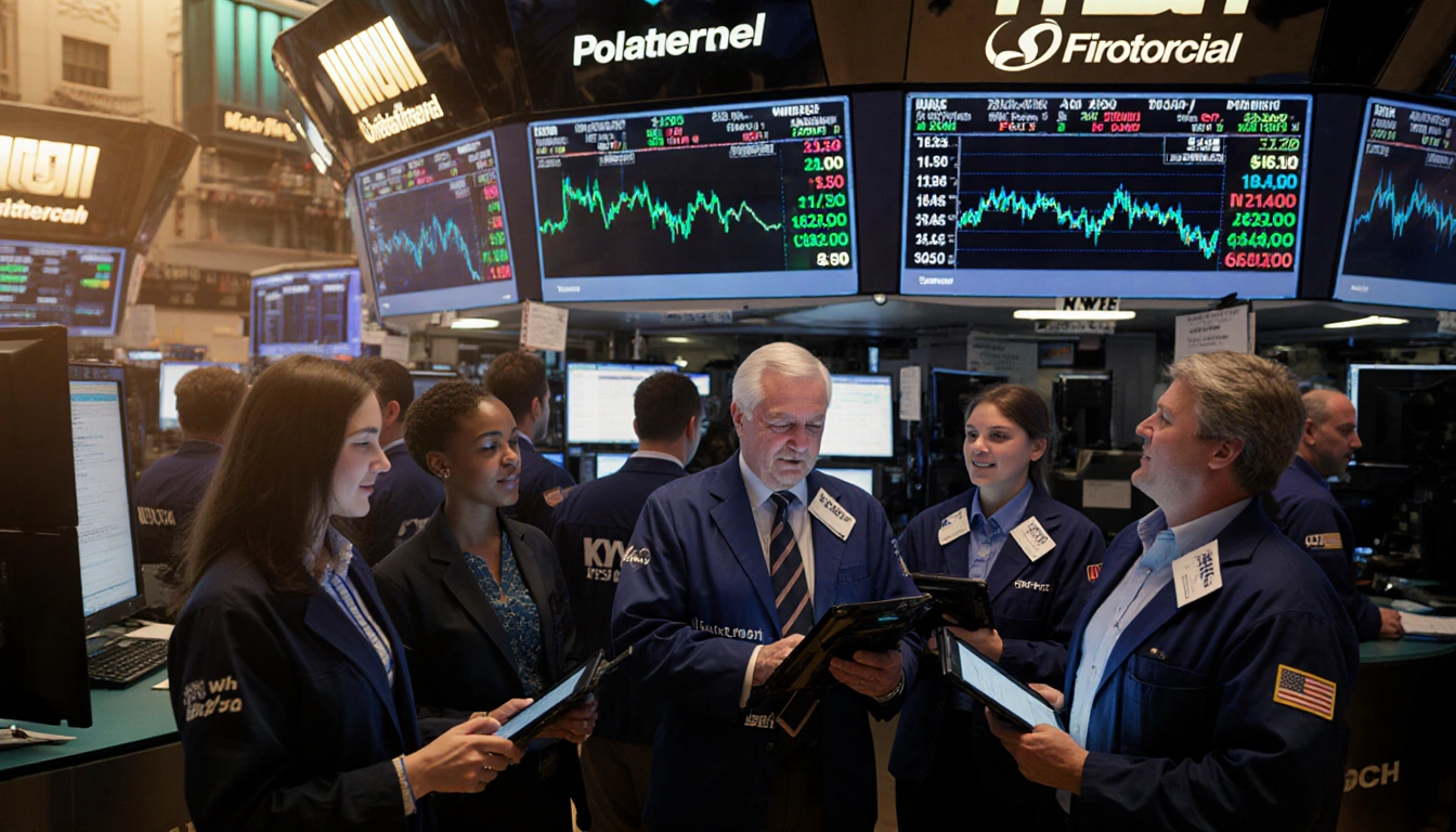 Investors gather around a glowing screen with the S&P 500 graph on a bustling Wall Street trading floor at dawn