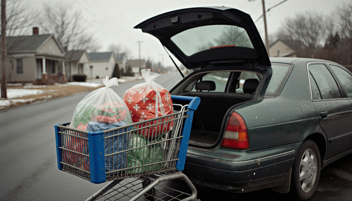 Woman pushing overflowing Walmart cart with open sedan and snowy backdrop showing weary exasperation