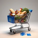 Walmart grocery cart overflowing with canned goods bread fresh produce and EBT cards scattered on ground nearby