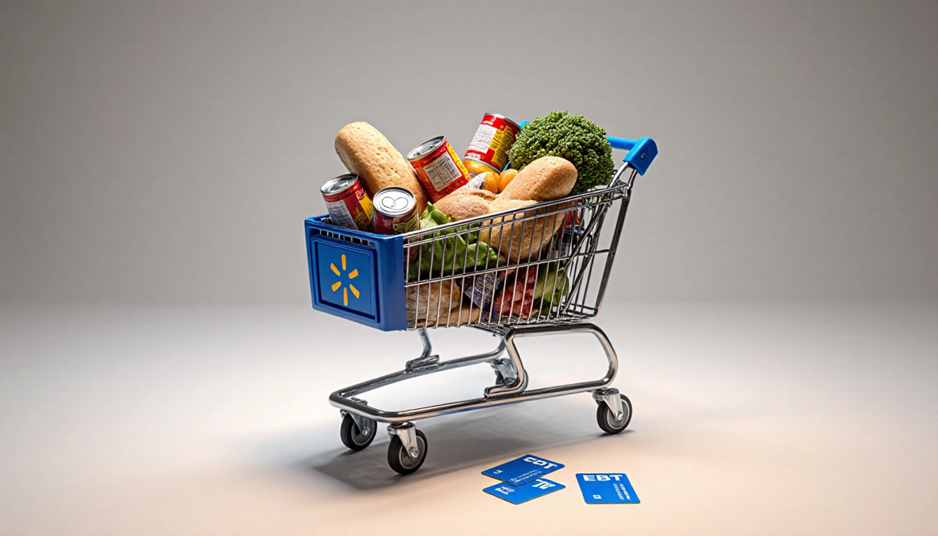 Walmart grocery cart overflowing with canned goods bread fresh produce and EBT cards scattered on ground nearby