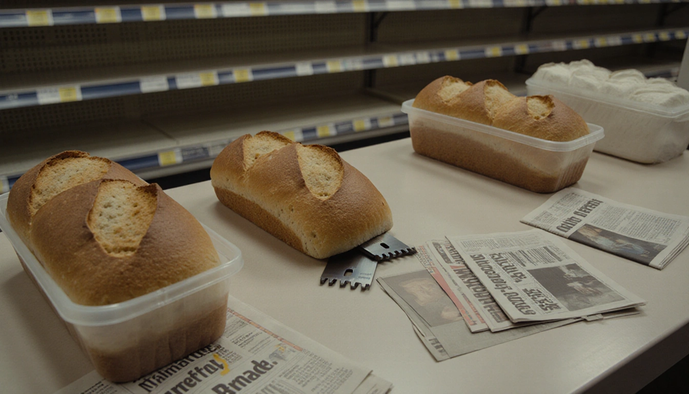 Walmart counter display showing loaves of bread with razor blades hidden among them and newspapers nearby