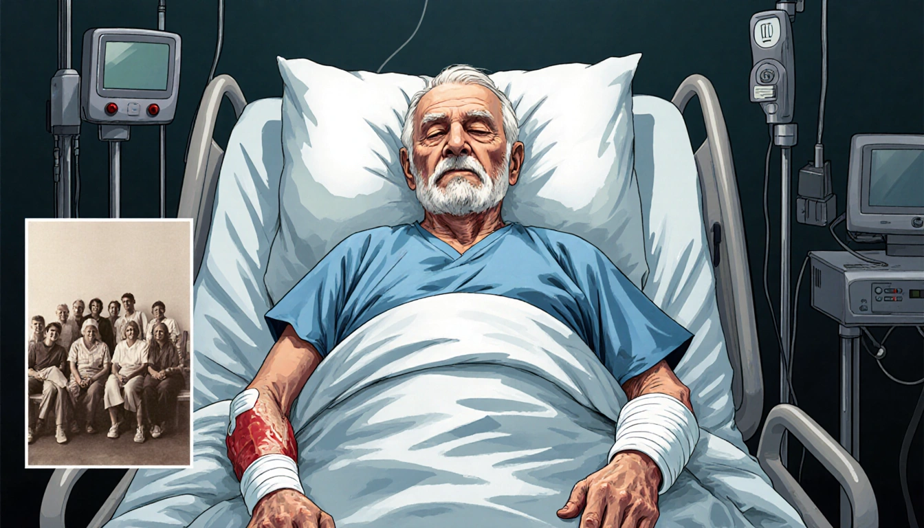 Walter Connor lying on a hospital bed with bandaged arms and medical equipment around him