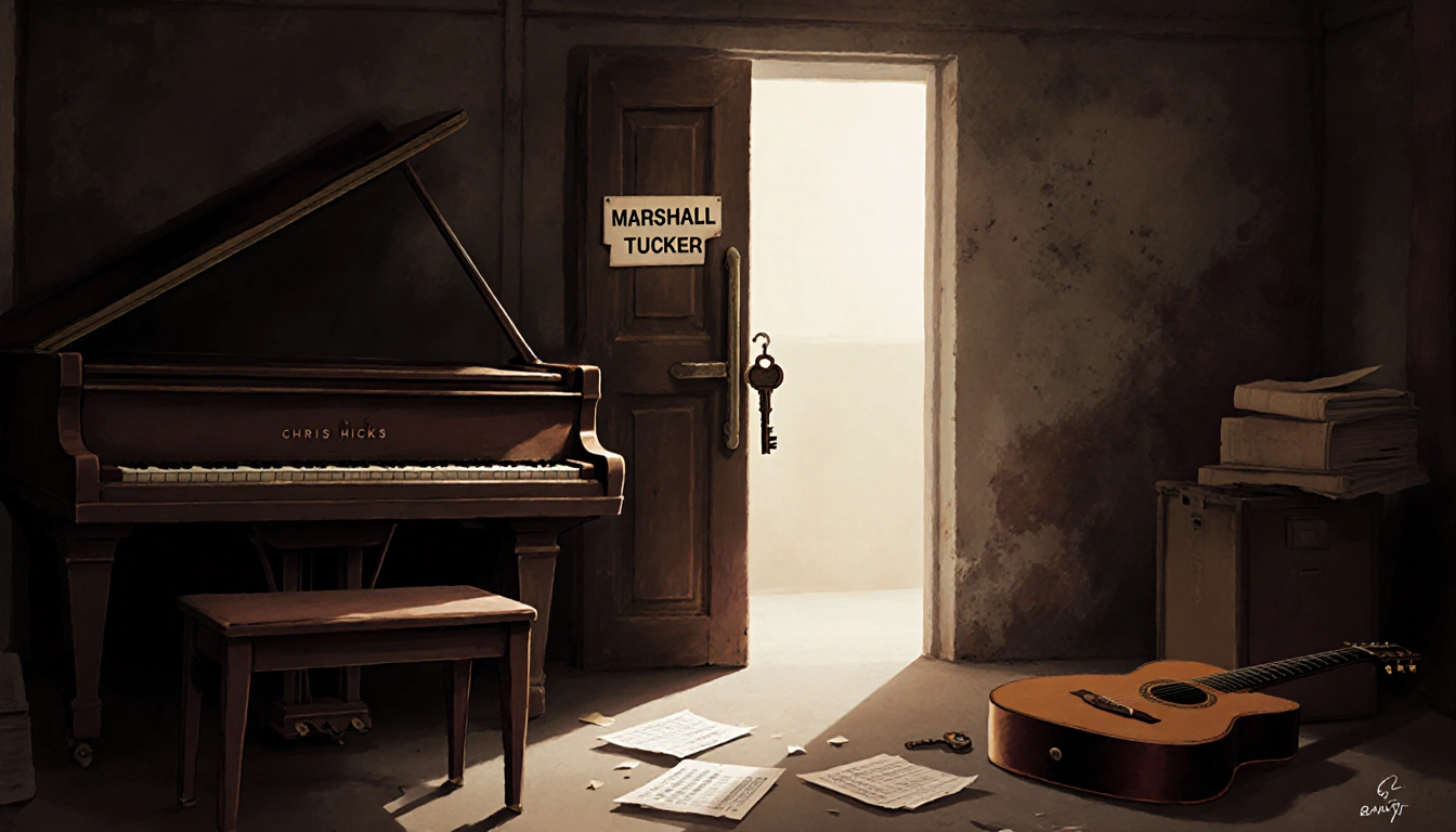 Vintage piano stands in dimly lit warehouse with key on door named Marshall Tucker and Chris Hicks guitar on bench