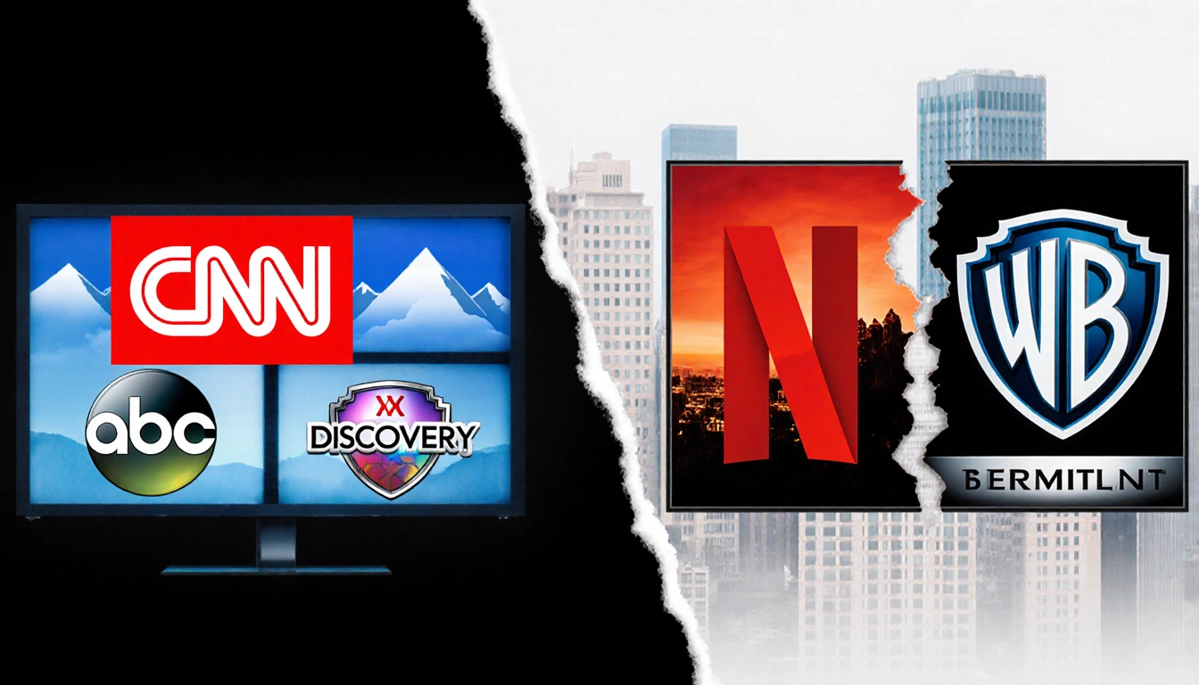 Illustration depicts Warner Bros split with Paramount takeover on left and Netflix on right with red United logo.