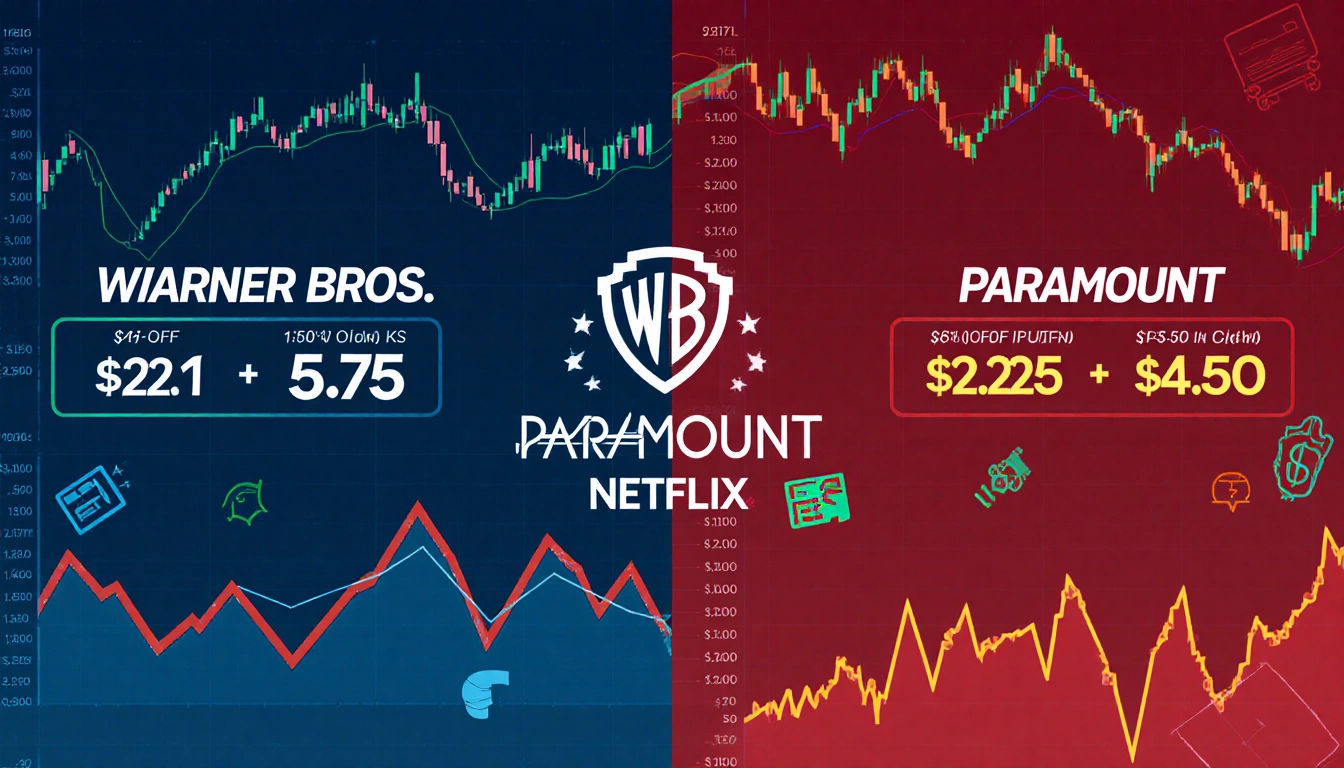 Market board showing Warner Bros stock down 2% chart beside Paramount's 5.4% decline and Netflix up 0.2% cash/share ticker.