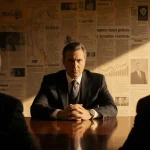 Warner Bros. chairman sits sternly at a boardroom table with Paramount and Netflix leaders illuminated in soft light headline