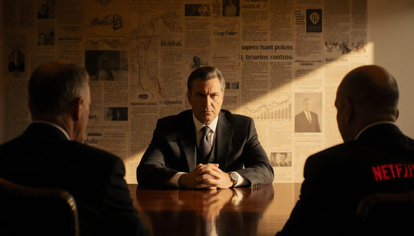 Warner Bros. chairman sits sternly at a boardroom table with Paramount and Netflix leaders illuminated in soft light headline
