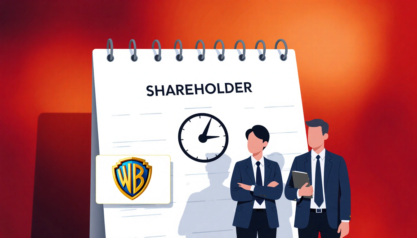Shareholders standing before date January 8 2026 with red background and Warner Bros logo inset