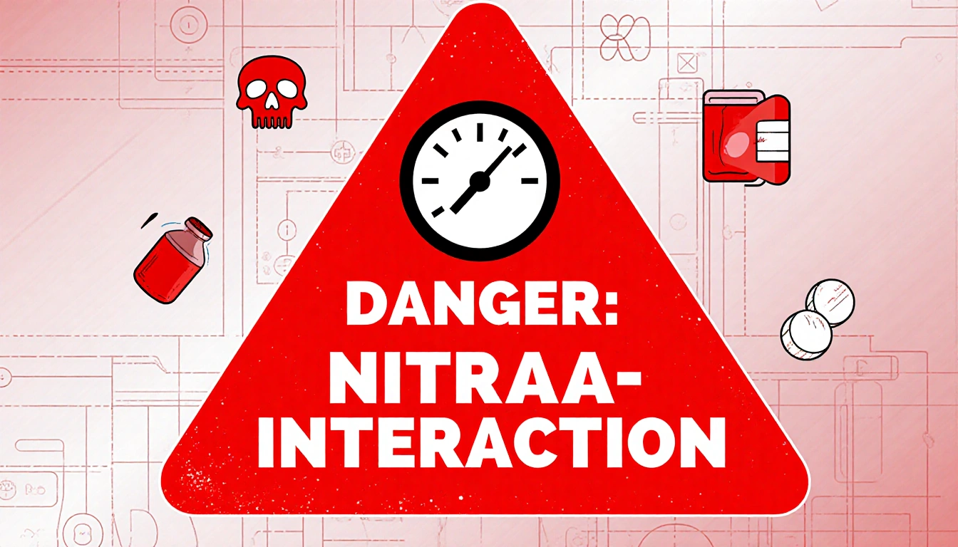 Red caution sign displaying a dropping blood gauge with skull and text warning of nitrate interaction.